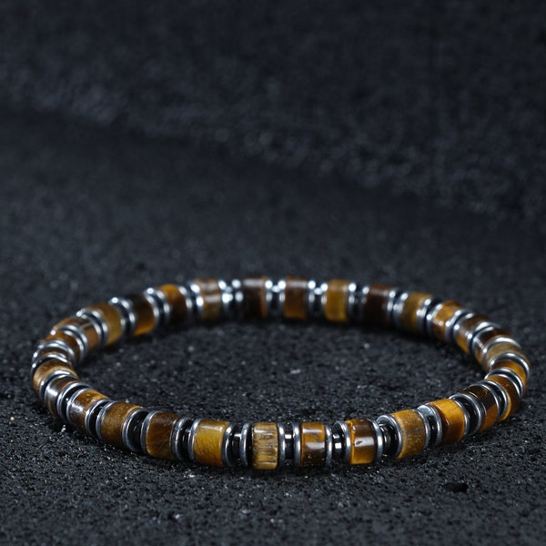 Mens Certified Tigers Eye & Hematite Bracelet, Bead Natural Stone Bracelet, Crystal Bracelets For Men, Christmas Gift, Mens Jewelry Bracelet