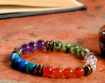 Puede incluir: Un brazalete de cuentas de colores con siete piedras de diferentes colores, incluyendo amatista, ágata azul, jade verde, cuarzo transparente y cornalina. El brazalete está hecho con separadores de metal y tiene un diseño simple.