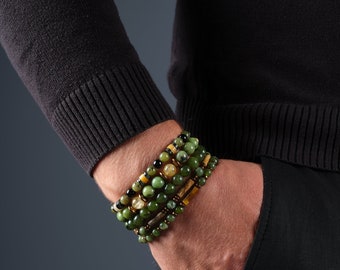 Set di bracciali in giada da uomo, bracciale in perline di cristallo da donna, gioielli verdi per uomo, bracciale in vera giada, gioielli per lui, bracciale regalo di Natale