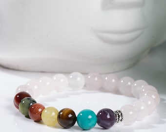 Dainty Women Rose Quartz 7 Chakra Bracelets, Beaded Rose Quartz Healing Real Stone Chrakra Bracelet, Healing Rose Quartz Crystal Bracelet