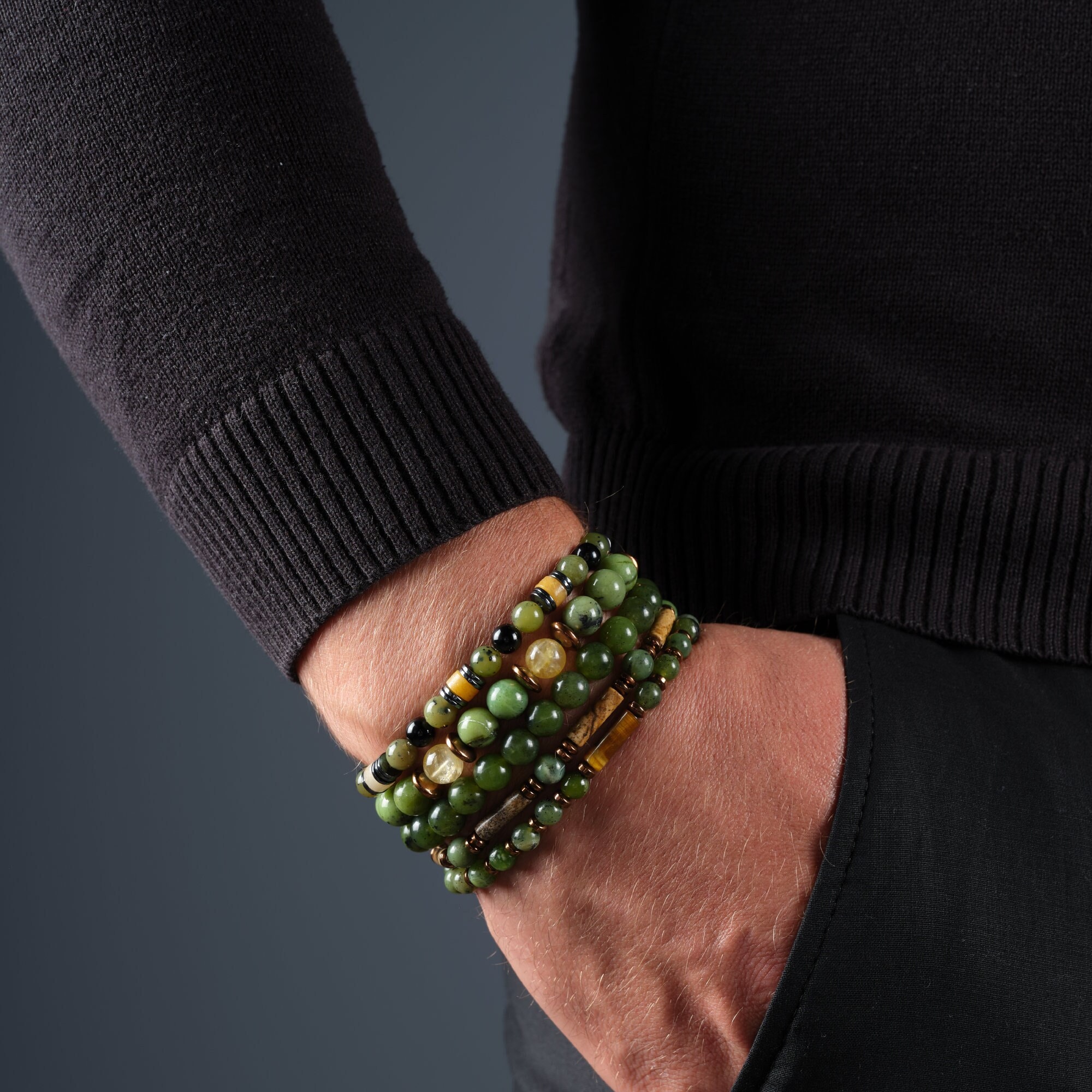 Set of 5 Real Jade Men Beaded Bracelet, Summer Jewelry For Him, Crystal Bracelets For Women Set, Boyfriend Gift Him, Jade Armband