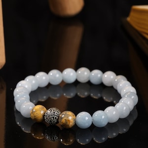 Aquamarine Crystal Bracelet, Boyfriend Gift Bracelet, Mens Beaded Bracelet