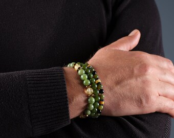 Real Jade & Hematite Stone Mens Bracelet Set, Jade Jewelry For Men, Mens Jade Beaded Bracelet, Jade Armband, Jade Christmas Gift Bracelet
