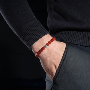 Certified Carnelian & Silver Mens Crystal Bracelet, Mens Natural Stone Bracelet, Christmas Gift Bracelet, Handmade Jewelry For Him