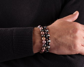 Crystal Rhodonite Mens Bracelet Set, Beaded Bracelet for Men, Mens Jewelry Bracelet Gift for Him