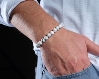 Gecertificeerde witte howlietarmband heren, natuursteen herensieraden, kristallen armband voor heren, herencadeauarmband