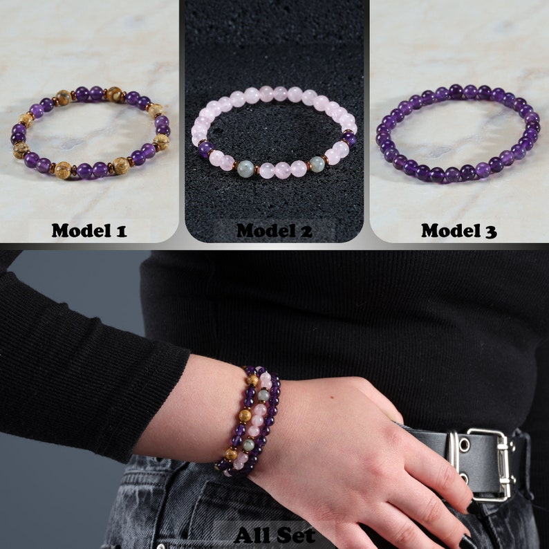 Dainty Amethyst & Jasper Beads Bracelet, Amethyst February Birthstone Bracelet, Crystal Amethyst Bracelet Women, Amethyst Birthstone Jewelry image 7