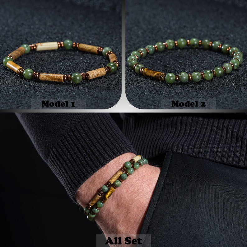A bracelet with 6mm jade stone and yellow hematite stone on a black background, which can be bought as a gift for the boyfriend