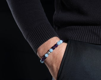 Handmade Natural Stone Bracelet, Mens Jewelry, Certified Amethyst & Aquamarine Mens Crystal Bracelet