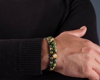 Set di braccialetti da uomo in cristallo di giada verde, bracciale da uomo con perline e giada, bracciale regalo per fidanzato, bracciale in vera giada, gioielli per lui