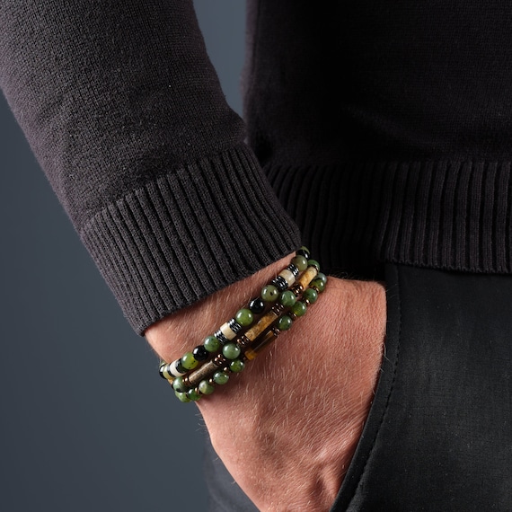 Certified Green Jade and Mixed Crystal Mens Bracelet Set, Real