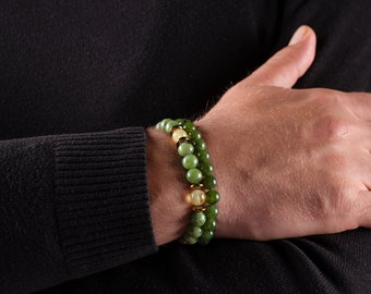 Green Jade & Citrine Set of 2 Mens Bracelet, Real Crystal Bracelet Set, Genuine Jade Summer Jewelry, Boyfriend Gift, Jade Jewelry For Men