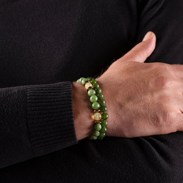 Ensemble de 2 bracelets pour homme en jade vert et citrine, ensemble de bracelets en cristal véritable, bijoux d'été en jade véritable, cadeau petit ami, bijoux en jade pour homme