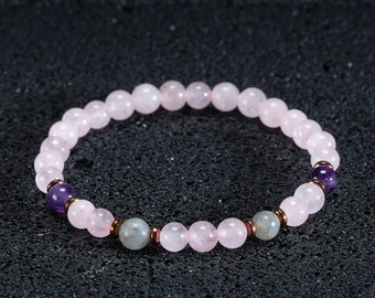 Real Rose Quartz & Amethyst Bracelet, Dainty Rose Quartz Crystal Bracelet, Rose Quartz Birthstone Women Bracelet, Rose Quartz Jewelry