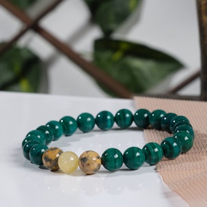 Genuine Green Malachite & Citrine Bracelet, Dainty Malachite Mens and Women Bracelet, Healing Malachite Jewelry, Malachite Stretch Bracelet