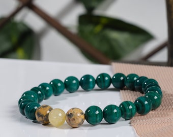 Genuine Green Malachite & Citrine Bracelet, Dainty Malachite Mens and Women Bracelet, Healing Malachite Jewelry, Malachite Stretch Bracelet