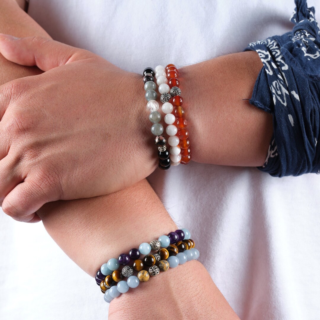 Handmade Natural Stone Bracelet, Certified Mens 6piece Crystal