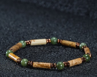 Bracciale da uomo in vera giada e diaspro, bracciale da uomo con perline di giada, gioielli per lui, bracciale in giada, braccialetto regalo per fidanzato, braccialetto di cristallo