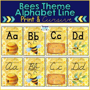 Puede incluir: Tarjetas del alfabeto con temática de abejas, con letras de imprenta y cursiva. Cada tarjeta muestra una letra, una colmena, una abeja o un panal sobre un fondo de panal amarillo. El texto en la parte superior dice "Bees Theme Alphabet Line Print & Cursive."