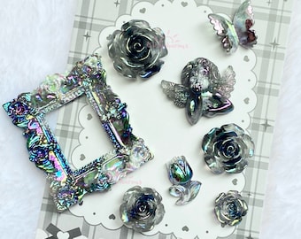 9pc Black chrome Angel baroque Cabochon charm set, Decoden Angel charms, Decoden Gothic Cabochons, rose charms, angel cabochons