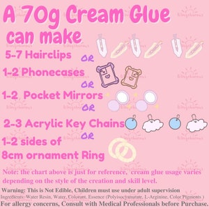 May include: A pink and white graphic with the text "A 70g Cream Glue can make" and a list of craft projects that can be made with the glue. The projects include 5-7 hair clips, 1-2 phone cases, 1-2 pocket mirrors, 2-3 acrylic key chains, 1-2 sides of an 8cm ornament ring. The graphic also includes a warning that the glue is not edible and should be used under adult supervision.