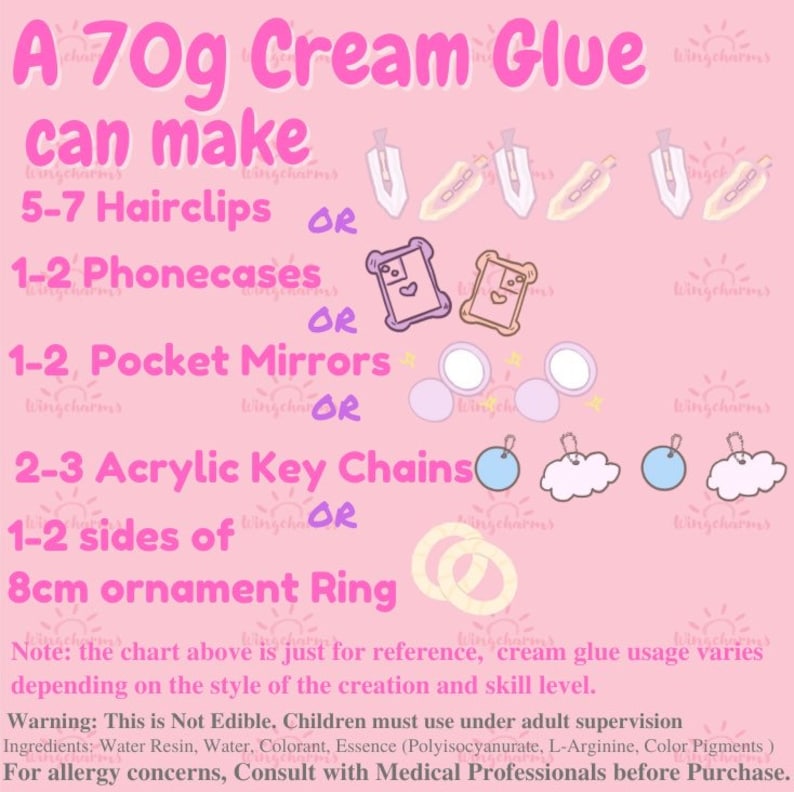 May include: A pink and white graphic with the text "A 70g Cream Glue can make" and a list of craft projects that can be made with the glue. The projects include 5-7 hair clips, 1-2 phone cases, 1-2 pocket mirrors, 2-3 acrylic key chains, 1-2 sides of an 8cm ornament ring. The graphic also includes a warning that the glue is not edible and should be used under adult supervision.