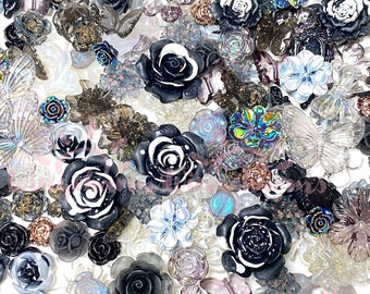 Black and white Flower charms Mixed  Baroque Style Flower Cabochon Charms, decoden charms, cabochons, rose charms, resin charms