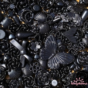black  Rose Baroque Style Charms ( 100+pcs ), decoden rose charms mix , flower cabochons, rose charms, flower charms mix  50g