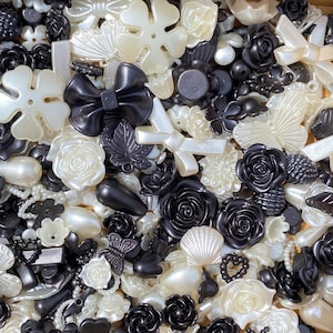 black and white Rose Baroque Style Charms ( 100+pcs ), decoden rose charms mix , flower cabochons, rose charms, flower charms mix  50g