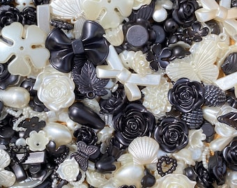 black and white Rose Baroque Style Charms ( 100+pcs ), decoden rose charms mix , flower cabochons, rose charms, flower charms mix  50g