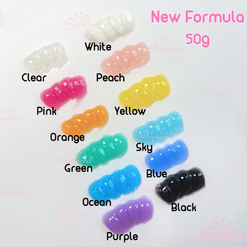 May include: A set of 12 colors of resin, each in a small swirl, labeled with the color name: white, clear, peach, pink, yellow, orange, green, sky, blue, ocean, purple, and black. The text "New Formula 50g" is at the top of the image.