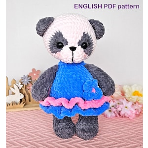 Crochet panda PATTERN PDF - Amigurumi panda pattern - Plush panda in blue dress - Easy crochet soft toy pattern