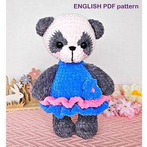 DIY Crochet panda PATTERN PDF - Amigurumi panda pattern - Plush panda in blue dress - Easy crochet soft toy pattern