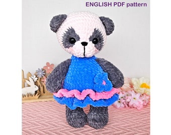 Crochet panda PATTERN PDF - Amigurumi panda pattern - Plush panda in blue dress - Easy crochet soft toy pattern