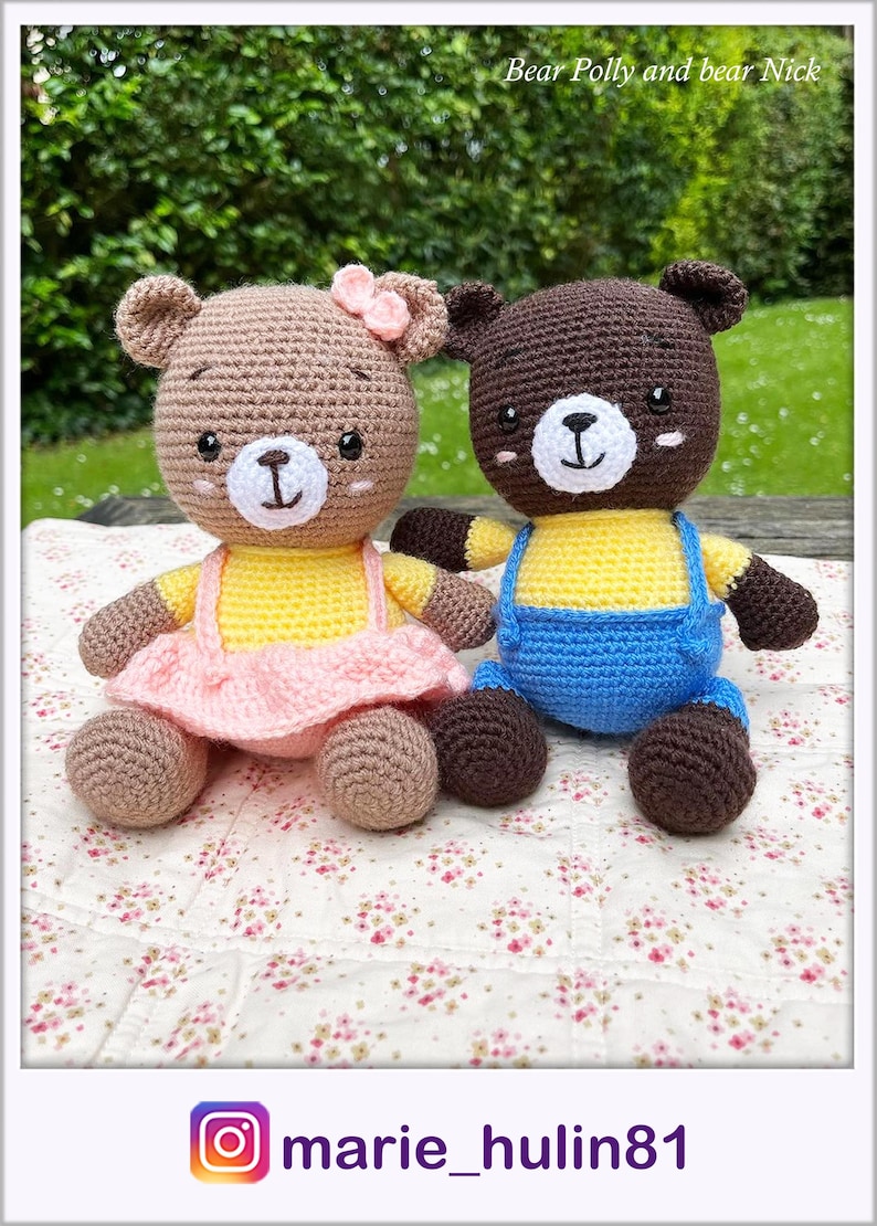 May include: Two crocheted teddy bears, one brown with a pink dress and a yellow shirt, the other brown with a blue overall and a yellow shirt, sitting on a white floral blanket. The text "Bear Polly and bear Nick" is above the bears.