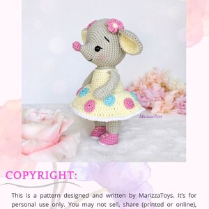 May include: A crochet pattern for a cute gray mouse wearing a yellow dress with pink and blue polka dots. The pattern is called "Mishy the Mouse" and is designed by MarizzaToys. The copyright information is included in the image.