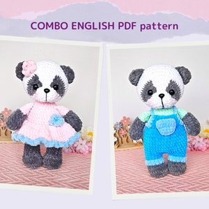 May include: A crochet pattern for making two panda amigurumi toys, one dressed in a pink dress and the other in blue overalls. The pattern is available in English.