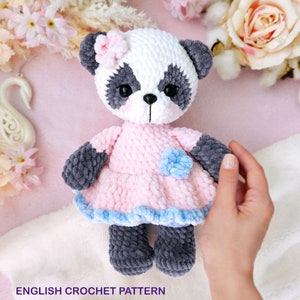 DIY Panda Amigurumi Pattern Cute Crochet Tutorial PDF Plush panda in pink dress image 1