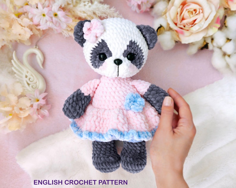 DIY Panda Amigurumi Pattern Cute Crochet Tutorial PDF Plush panda in pink dress image 1