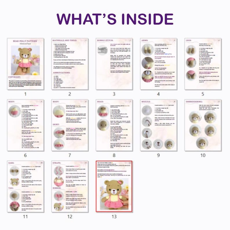 May include: A digital download of a crochet pattern for a bear wearing a pink dress. The pattern includes 13 pages with instructions and illustrations. The pattern is titled "Bear Polly Pattern".