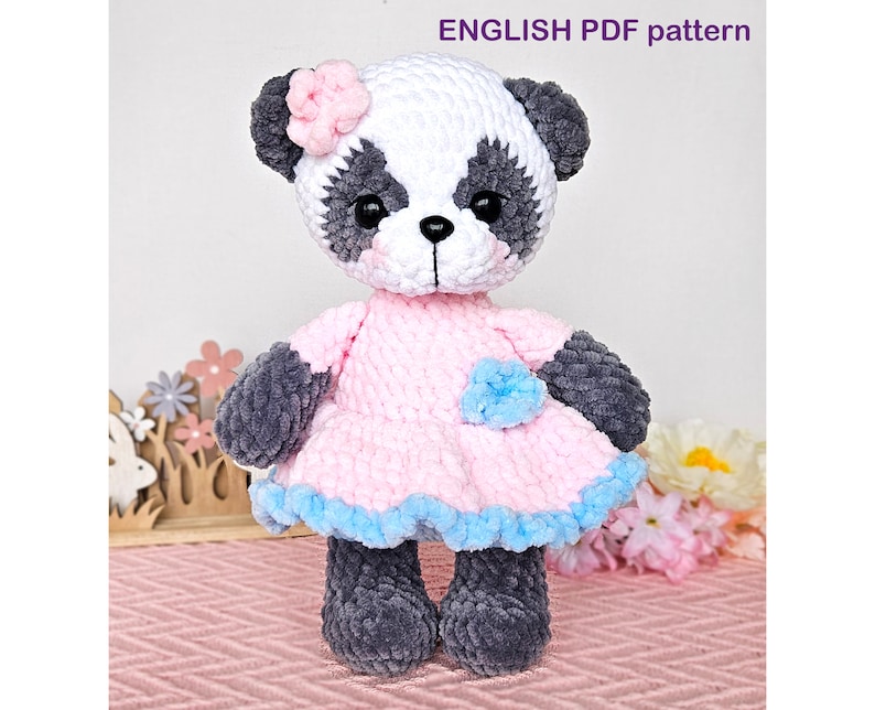 DIY Panda Amigurumi Pattern Cute Crochet Tutorial PDF Plush panda in pink dress image 2