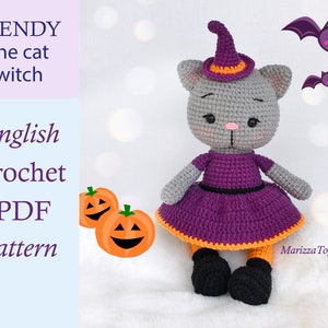 DIY Halloween gehaakte kat patroon pdf, amigurumi heks kat, eenvoudig gehaakte heks, DIY Halloween decor, gehaakt kittenpatroon