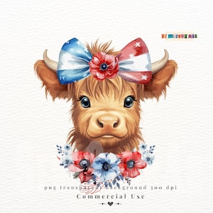 Patriotic Long Haired Calf PNG Highland cow face clipart Western PNG file farm cow clipart Fall sublimation Highland Cow digital download