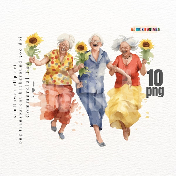 Watercolor Funny old ladies clipart PNG Women dancing sunflower clipart bundle sunflower design png format instant download commercial use