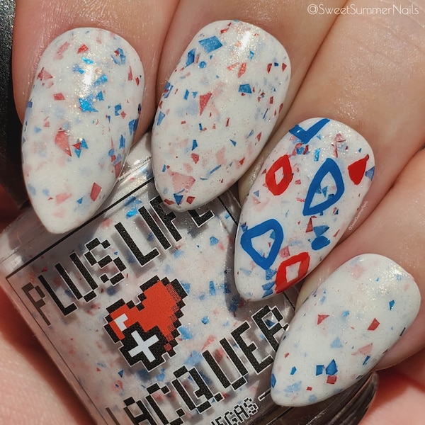 Toge-t About It! - White Crelly Shreds Glitter Indie Lacquer Polish Gamer Brand Easter Independence Day