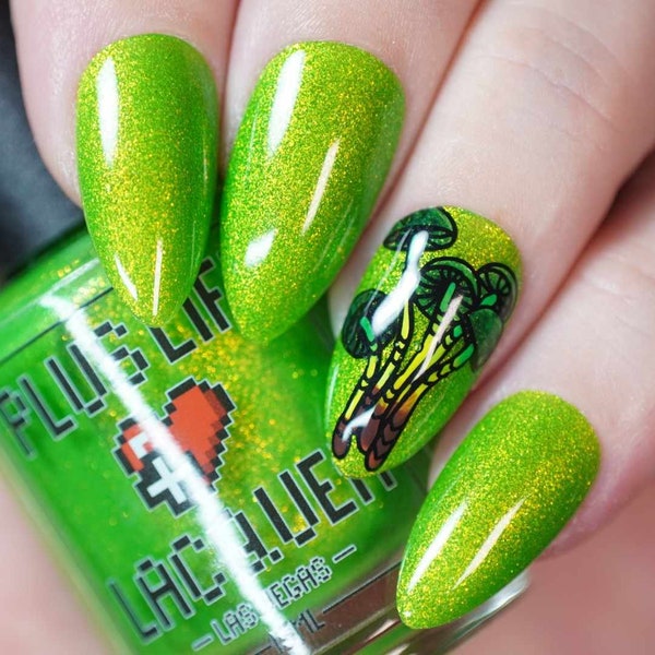 Glowing Fungus - Neon green shimmer glow in the dark gitd fall autumn indie gamer gaming fallout inspired nail polish lacquer varnish