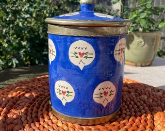 Blue Ceramic Storage Pot - Hand Painted - Made in Morocco - Ceramic and Metal