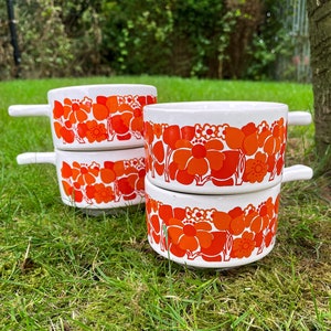 Stacking Mugs - Orange Red & Floral - Staffordshire Potteries - Ironstone Mugs - Made In England