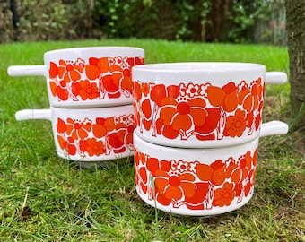 Staffordshire Potteries Tasses en pierre de fer en céramique florale rouge orange fabriquées en Angleterre