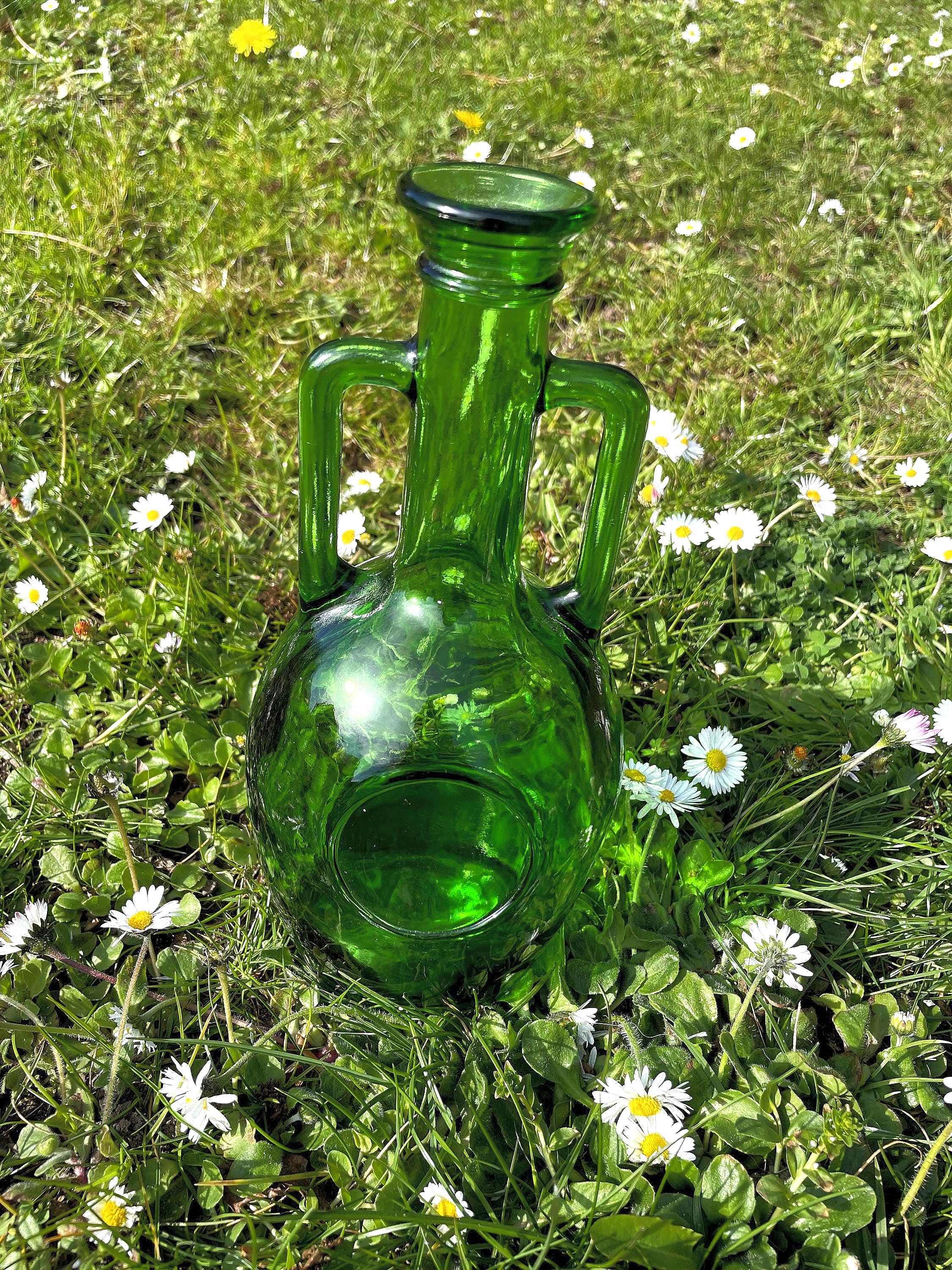 Green Glass Amphora Style Bottle – Vintage Mediterranean Glassware